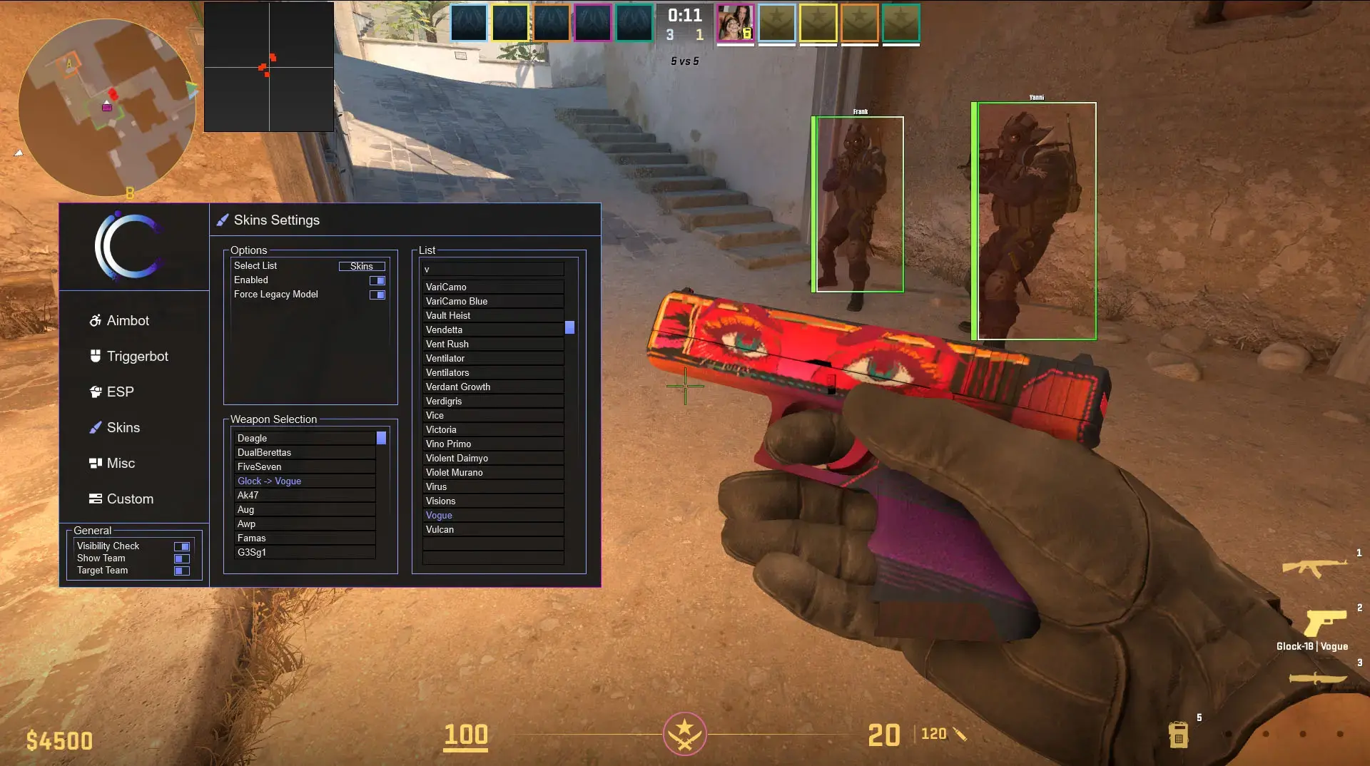 VaporCheats skin changer with a finish applied to the Glock-18